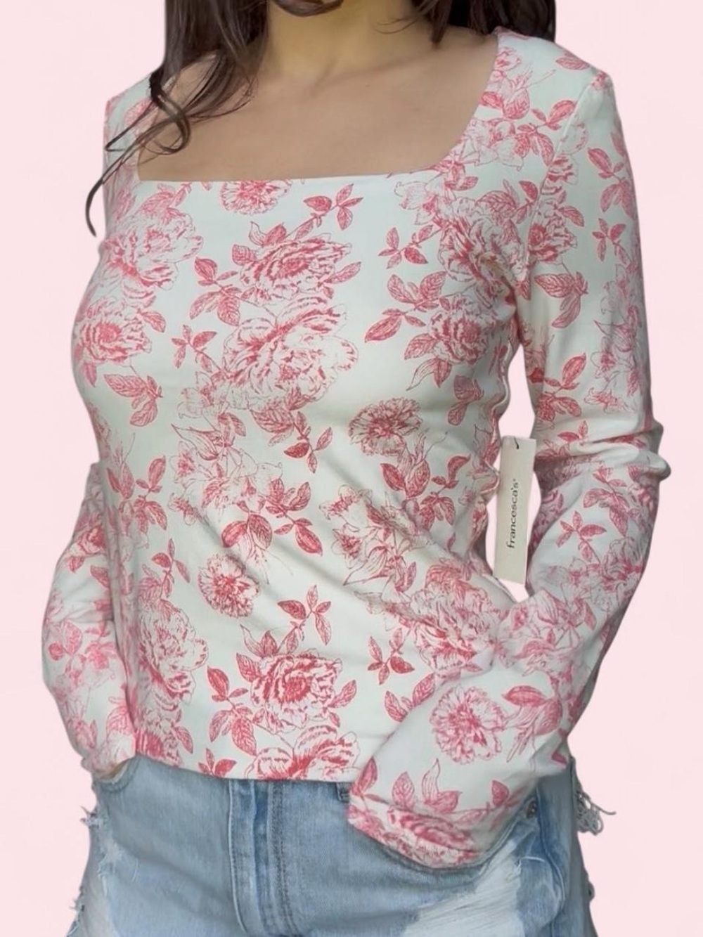 Francesca's Collections Pink Floral Square Neck Long Sleeve Top